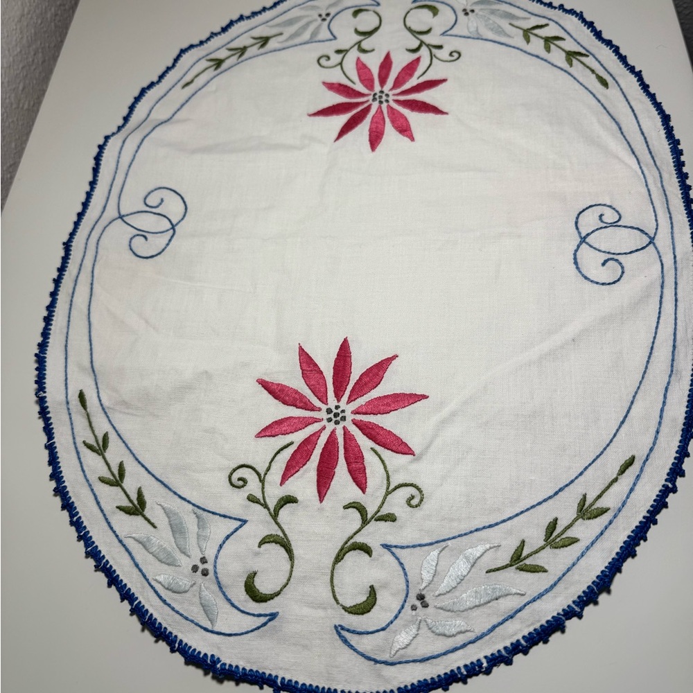 Vintage Hand Embroidered Floral Linen Doily Oval White Pink Blue Crochet 19in
